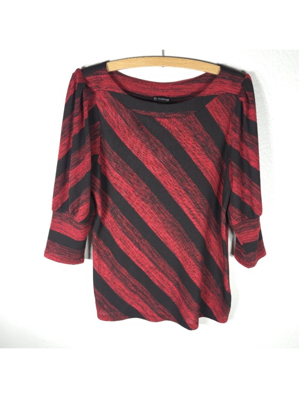 New Directions Petite Red Black Striped Knit Tunic Top 3/4 Sleeve L Boat Neck